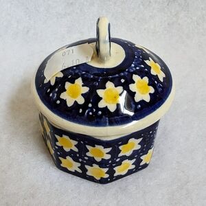 Polish Pottery Octagonal Trinket Dish with Lid & Yellow Flower Design